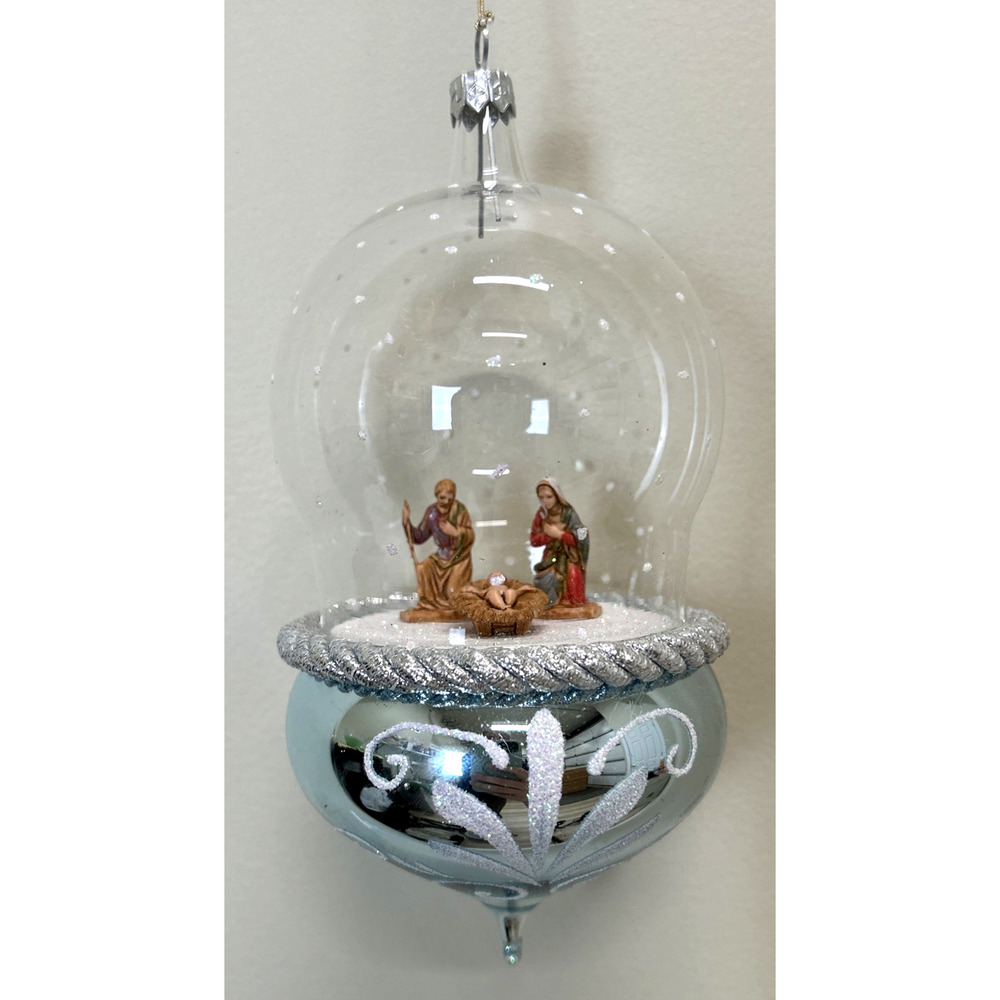 Soffieria De Carlini Italy Nativity Globe Glass Ornament Silver & Blue 7”